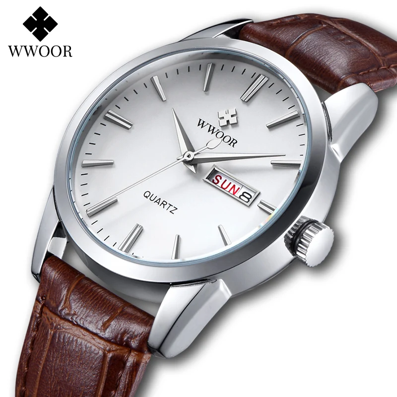 

WWOOR Sports Business Quartz Watches For Men Causal Leather Waterproof Automatic Week Date Wrist Watch Reloj Hombre Montre Homme