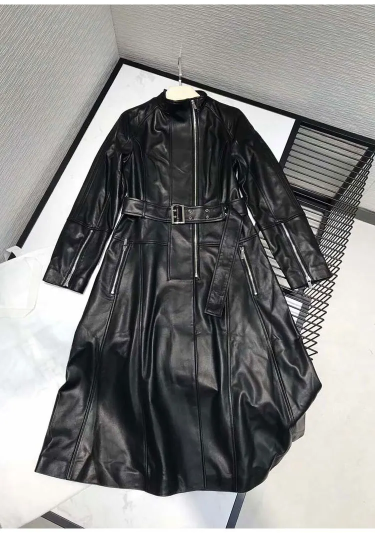 

2020 Autumn Winter Chic woomen's High quality Real leather sheepskin Tench coat Hot Fashion leather overcoat C058