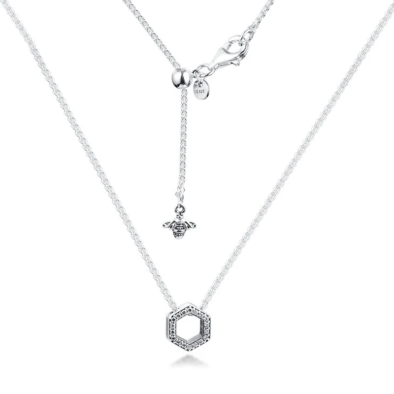 

Sparkling Honeycomb Hexagon Collier Necklace Fits For Beads & Charms DIY Chain Fashion Female Necklace Sterling Silver Jewelry