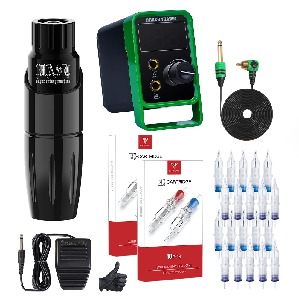 

Dragonhawk Mast Tattoo Pen Machine Set Kit Motor Rotary Pen Permanent Makeup Cartridge Needles Set LCD Power Supply