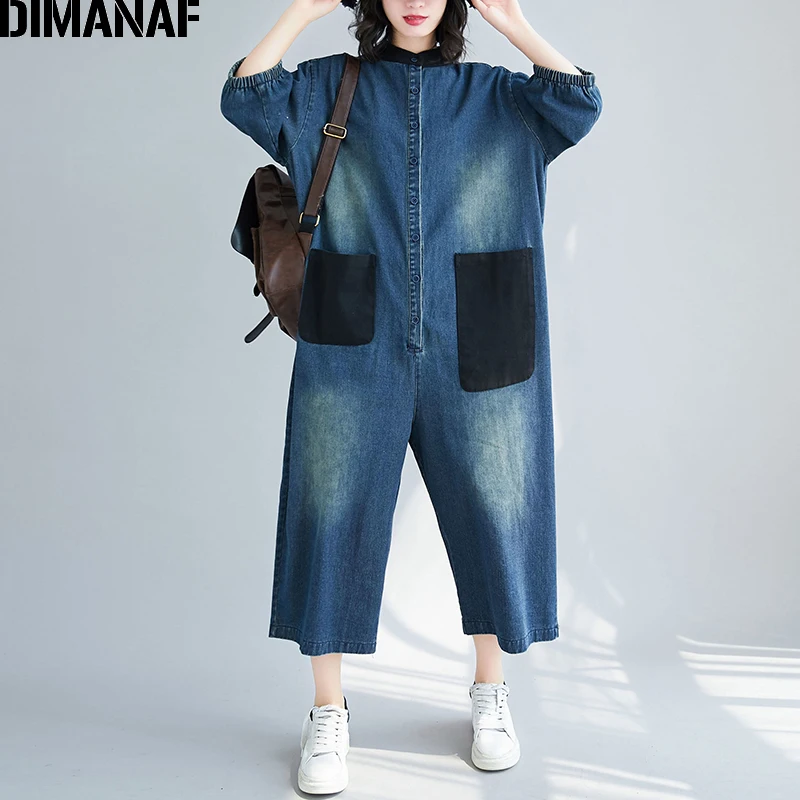 

Женский джинсовый комбинезон DIMANAF, повседневный Свободный комбинезон из денима с карманами и длинными брюками, одежда для осени и зимы