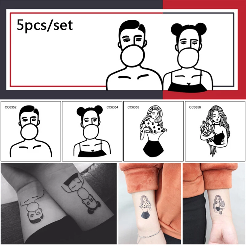 

5pcs/lot 6X6cm Little Vintage Old School Style Sexy Girls Women Black White Face Temporary Tattoo Sticker Body Art Fake Taty