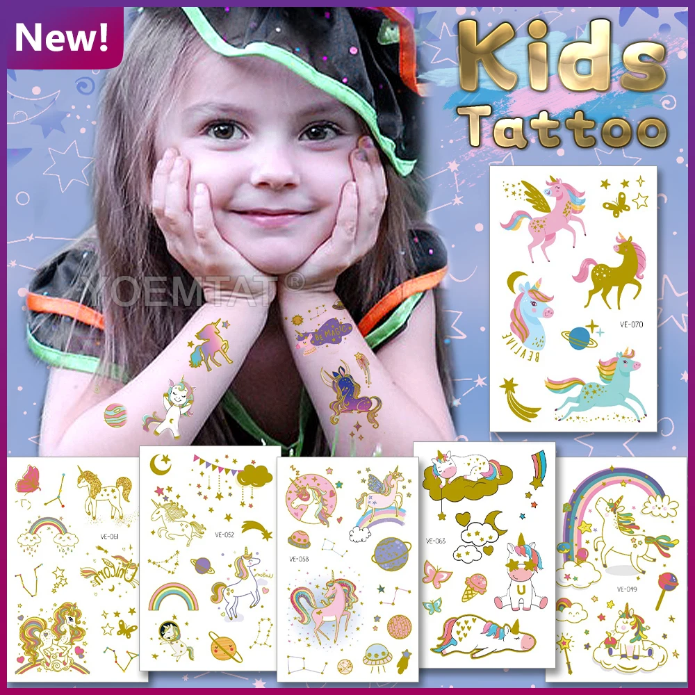 

Unicorn Golden Purple Rainbow Butterfly Face Neck Hand Arm Girl Boy Child Glitter Tattoo Kids Space 6 Month Temporary Tatoo 2021