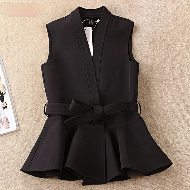 

2021 Women Spring Summer New Casual Slim Suit Vest Lady Vintage V-Neck Lace Up Sleeveless Vest Lady Solid Ruffles WaistCoat I512