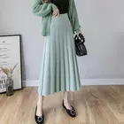 Плотная теплая женская вязаная плиссированная юбка, осенне-зимняя вязаная юбка-свитер с эластичной завышенной талией, длинная трапециевидная черная юбка миди