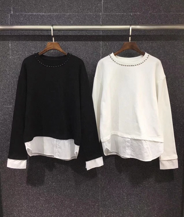 

2021 new women fashion neckline rivet stitching decoration long-sleeved all-match top sweater 1130