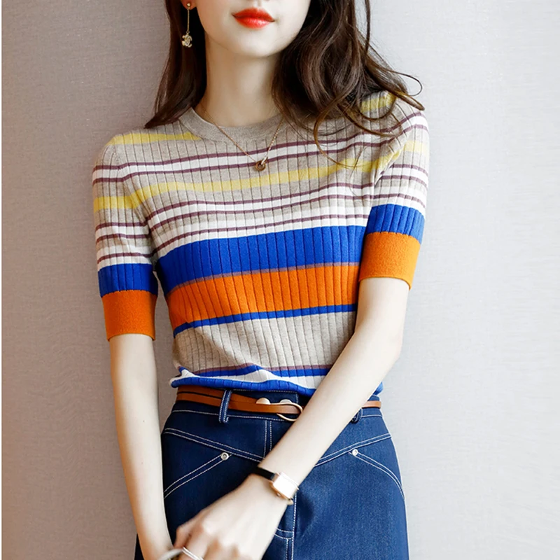 

AOSSVIAO 2022 Knitted Women O-Neck Sweater Pullovers Thin Summer Basic Women Striped Sweaters Pullover Slim Female Top