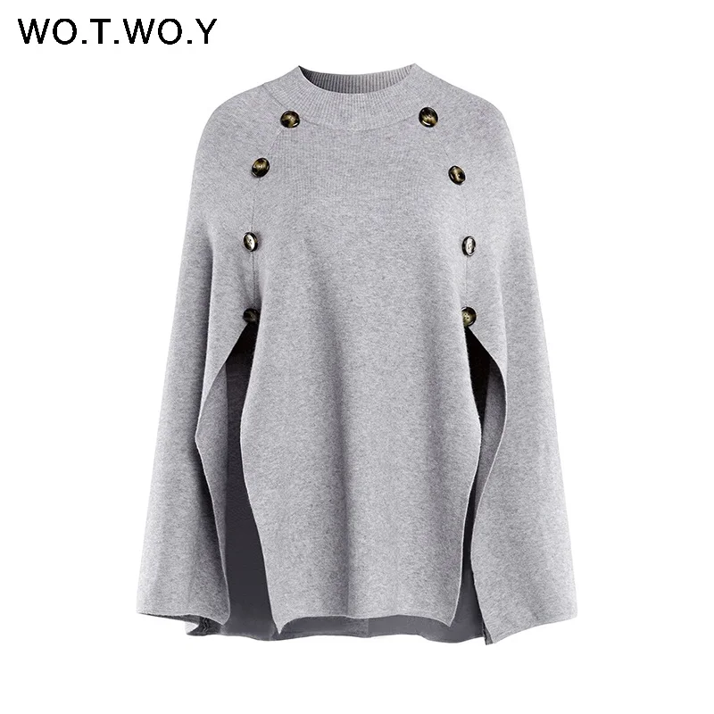 C906Gray WOTWOY, Вязаный плащ, свитер для женщин, Повседневная Свободная шаль, осень зима, уличная одежда, пончо, женский свитер и пуловеры размера плюс - Цвет: C906Gray