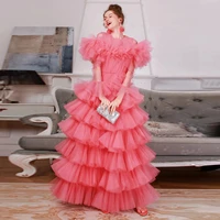 watermelon pink layered tulle dress long sheer sleeves elegant prom party dresses 2022 custom ruffles tulle photoshoot dress
