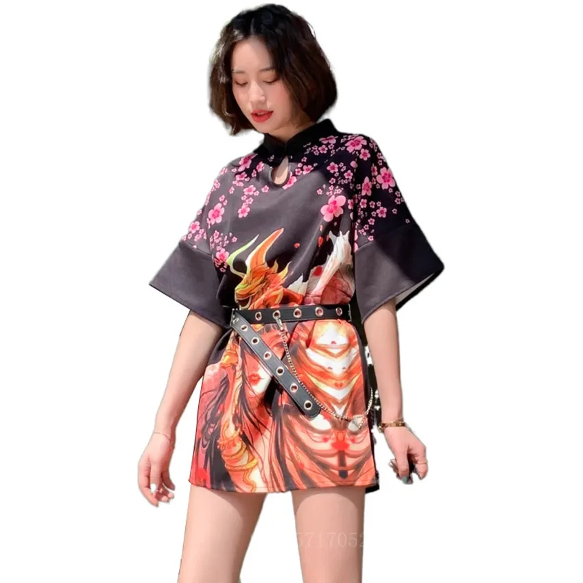 

Japanese Style Women Fashion Harajuku Kimono Streetwear Costumes Vintage Loose Casual Chinese Print Flowers Black Dress