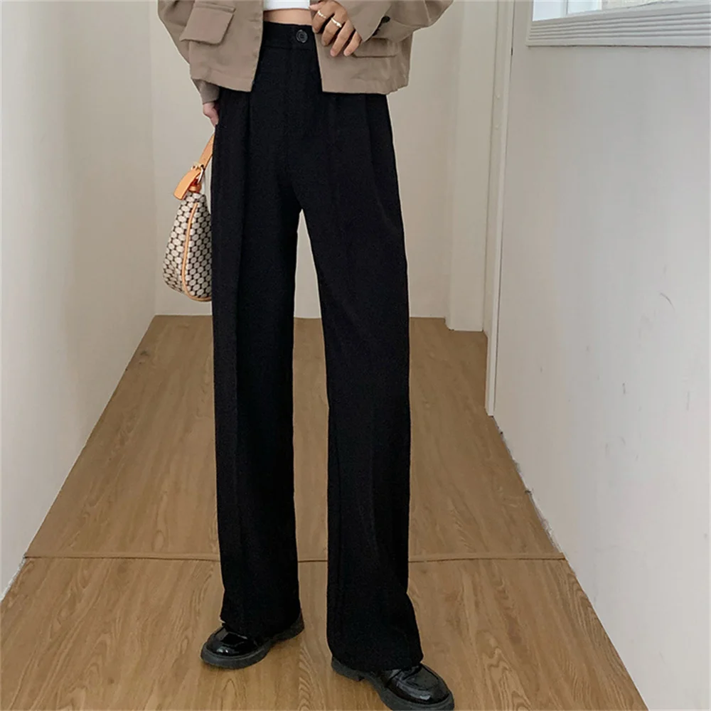 

동대문 2021 Autumn Elastic Waist Solid Women Full Length Pants Loose Chic Minimalist Plus Size All Match Wide Leg New Trousers