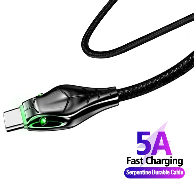 

5A Type C Micro USB Cable Snake Head Glows Fast Charging Data Wire For poco m3 Charger Type-C Cable Cord For Xiaomi Redmi Note10