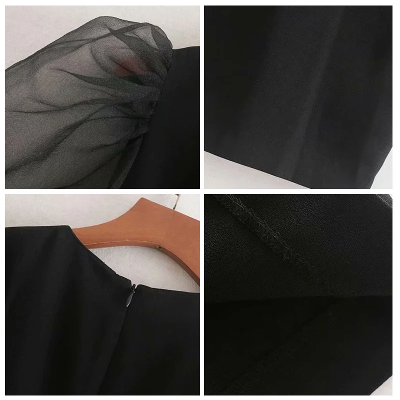 ROHOPO Tulle Puff рукав круглый воротник назад подол скольжения Bodycon черное женское платье-миди элегантные тонкие Вечерние платья#9352
