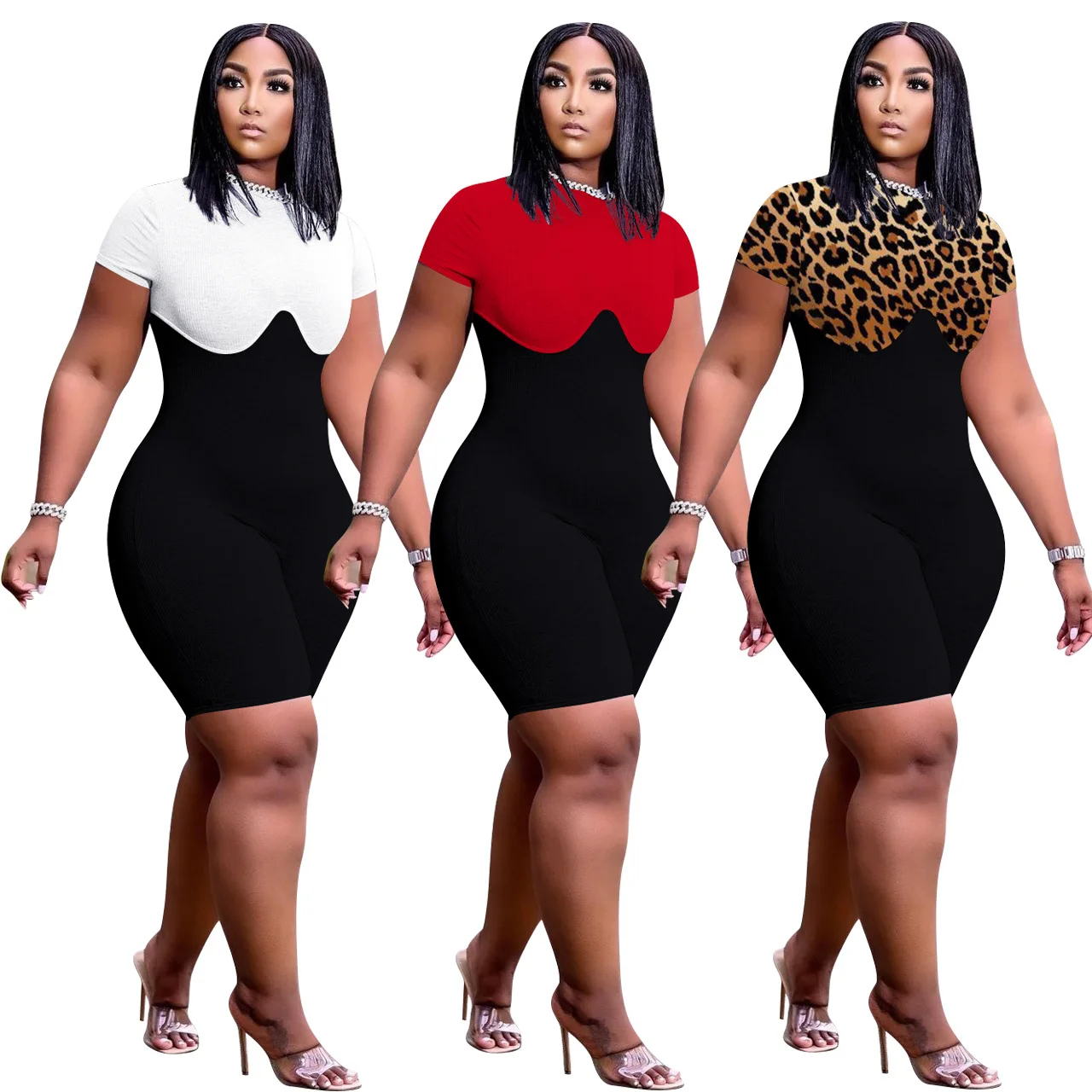 

Women Casual Leopard Pathwork Bodycon Jumpsuit Short Sleeve Irregular Spliced Sexy Playsuit Fashion Outdoor Summer Outfits