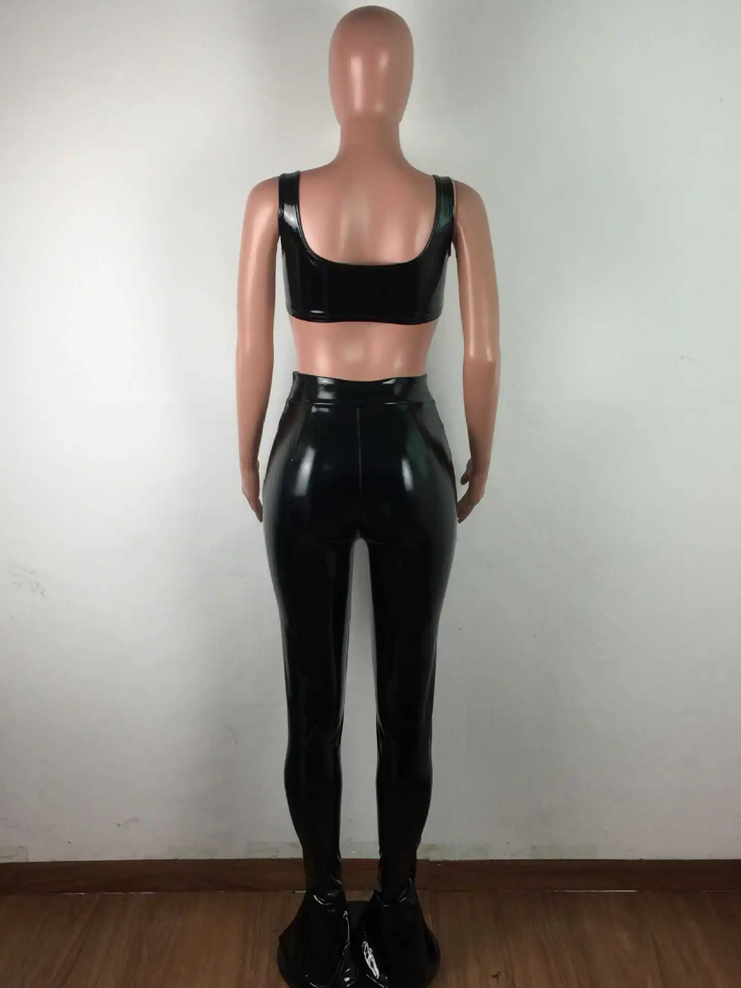 

Women Faux Leather Tracksuit Two Pieces Set Tank Crop Top long Zippers Pants 2 Pieces Set PU Leather Sports Suit