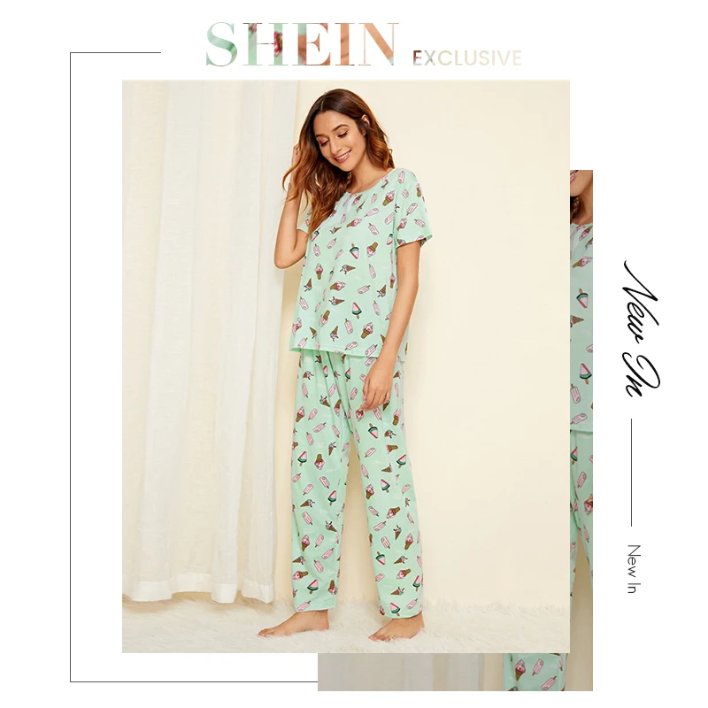 SHEIN зеленый пижамный комплект с принтом мороженого, Повседневная Пижама с короткими рукавами и длинными штанами, пижамный комплект для женщин, летняя женская пижама, пижамные комплекты