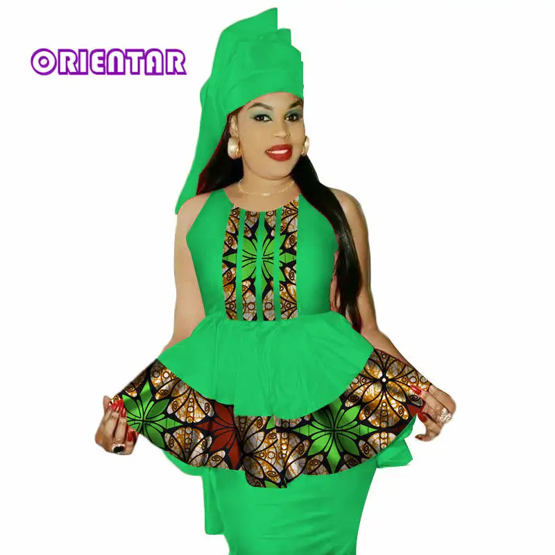2 Pieces Set African Clothes for Women Sleeveless Tops and Skirt Bazin Riche Africa Print Patchwork Top Skirt Headtie WY3039