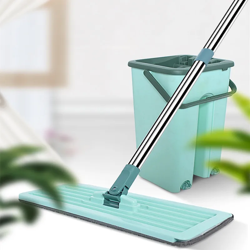 

Flat Squeeze Mop with Bucket Hand-free Wringing Floor Cleaning Mop Microfiber Mop Pad Wet or Dry Use on Hardwood Laminate Tiles