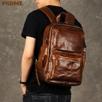 pndme fashion vintage high quality genuine leather mens backpack casual simple cowhide designers luxury travel laptop bagpack