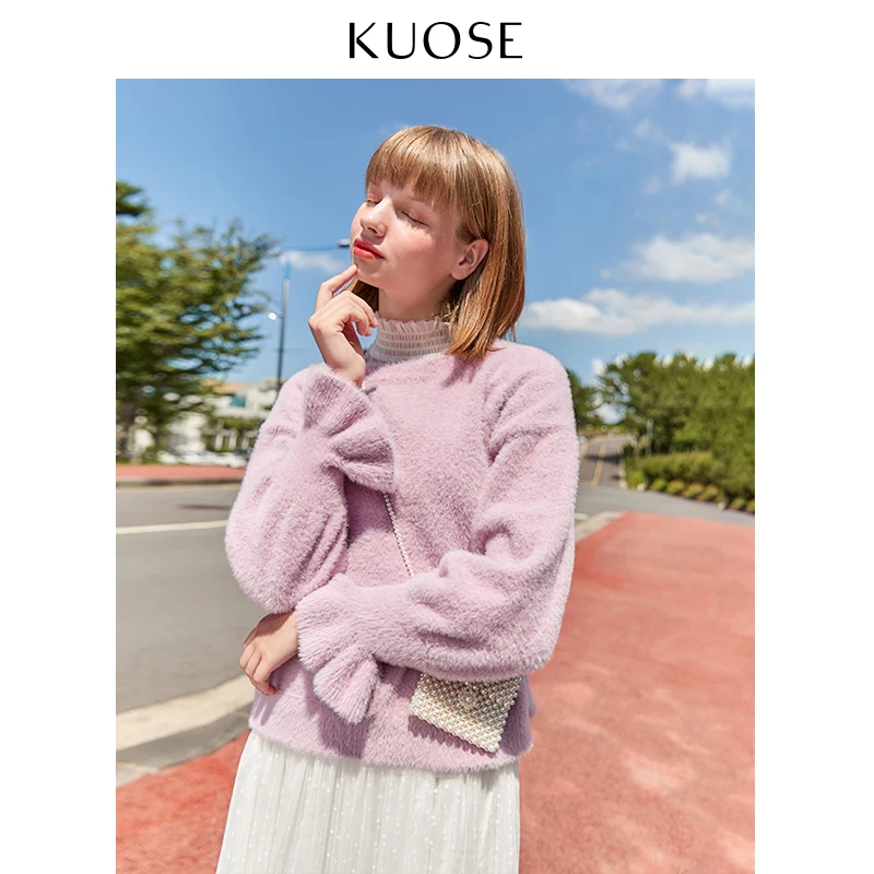 Pink KUOSE женский свитер с длинными рукавами с волнистым краем, длинный рукав, Свободный корейский милый стиль, шикарный вязаный свитер с круглым вырезом - Цвет: Pink