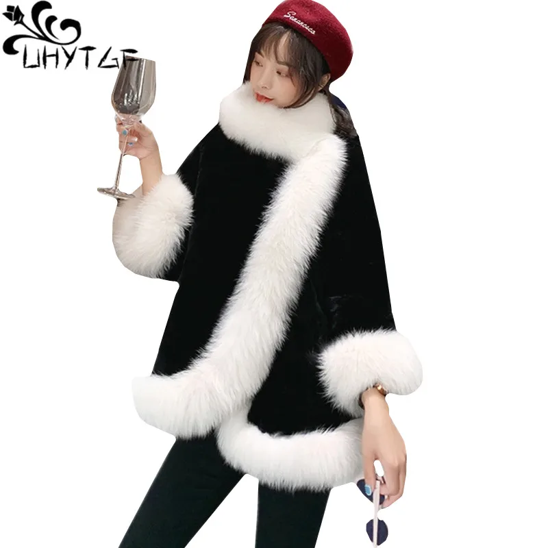 UHYTGF Genuine Imitation Mink Cashmere winter fur coat Women fashion cloak shawl female fur coat thick casual warm outerwear 502