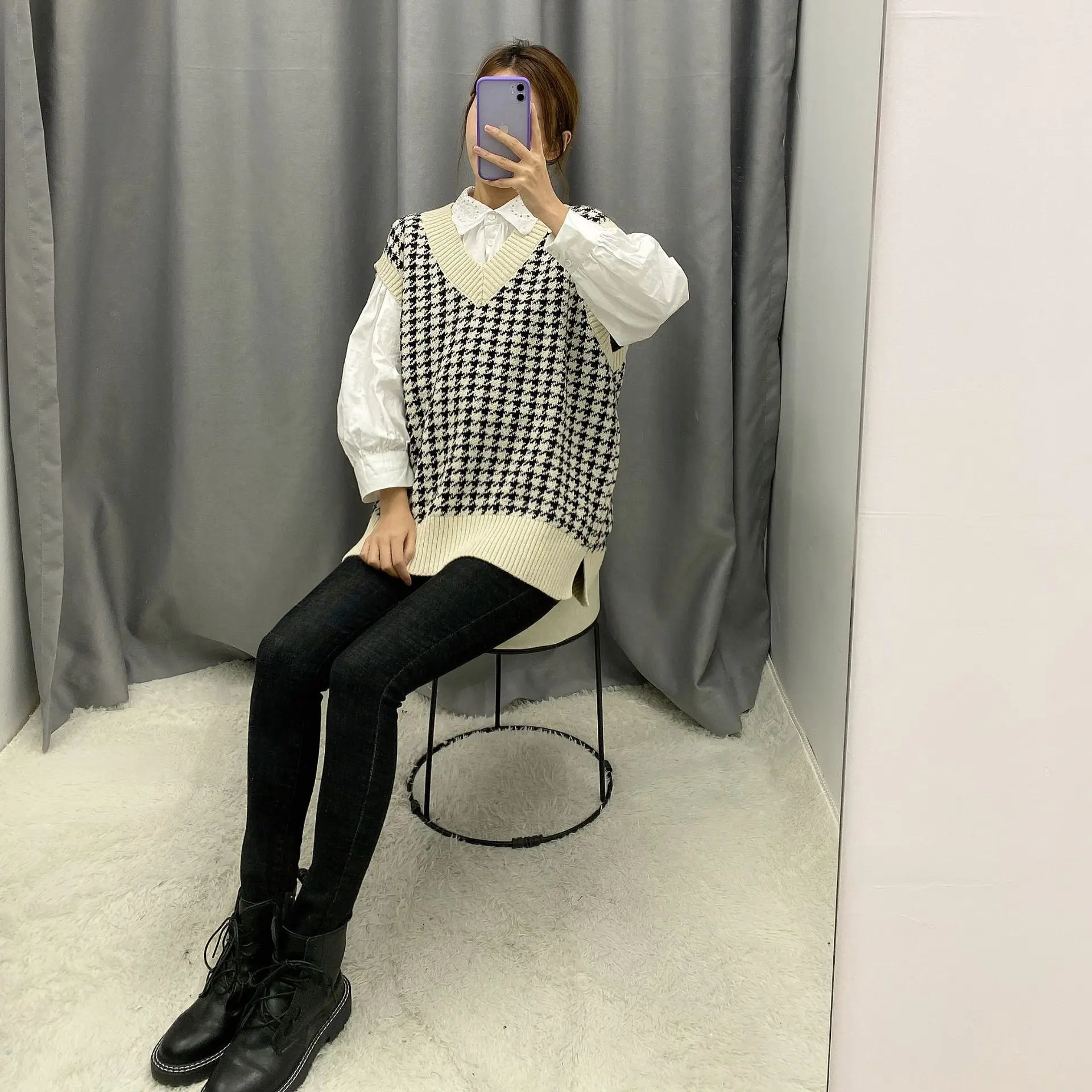 

women 2020 fashion oversized knitted vest sweater V neck sleeveless houndstooth loose female waistcoat chic tops