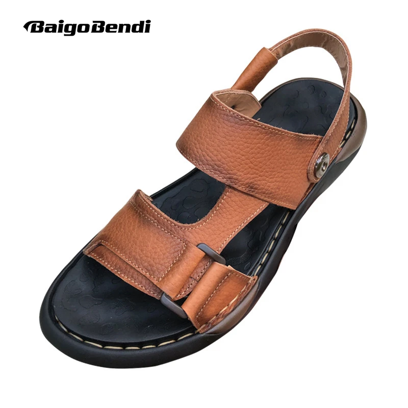Cow Leather Men's None-slip Sandals Summer Beach Shoes Man Causl Outdoor Flats High Quality