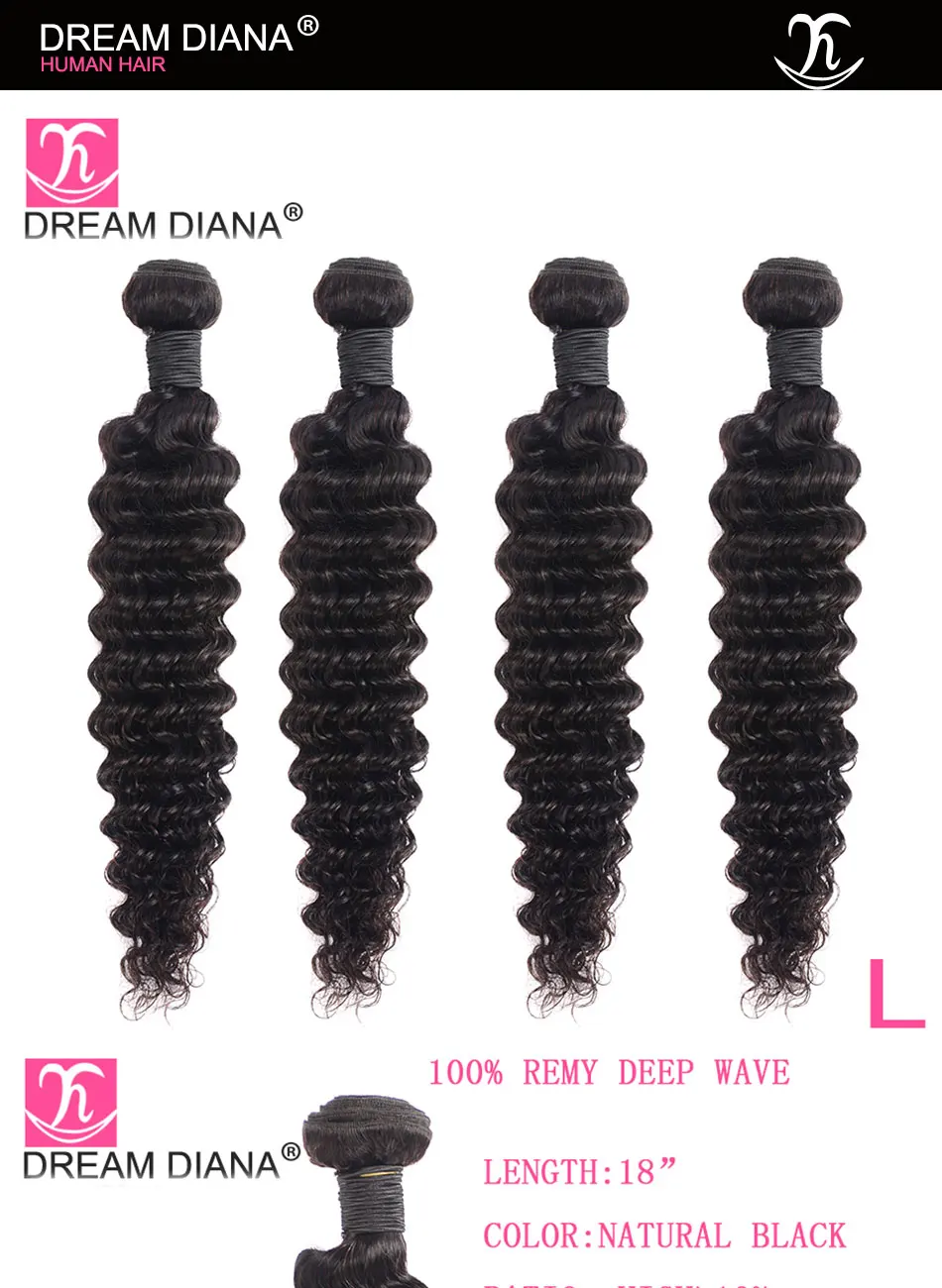 DreamDiana малазийские глубокие волны 3/4 пучков натуральных цветов "-30" L Remy Weave человеческие волосы пучки 3-5 дней экспресс