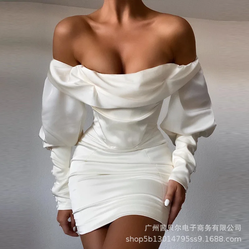 

WEPBEL Women High Waist Solid Color White Fashion Mini Sheath Formal Dress New Off-Shoulder Party Dress Long Sleeve Dress