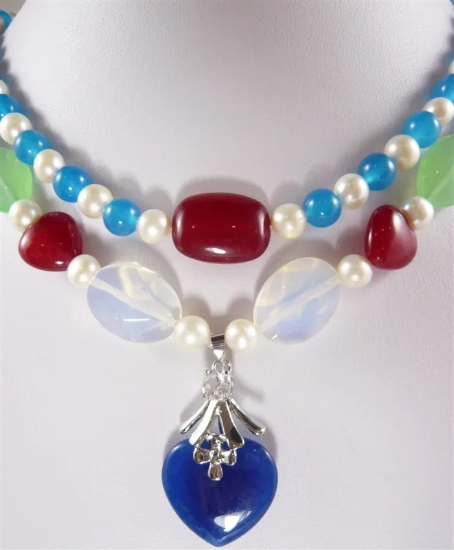 

trendy mixed white pearl colourful jade necklace +heart pendant