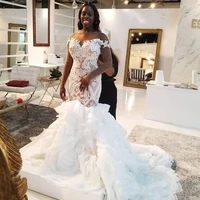 elegant off the shoulder mermaid wedding dresses sweep train lace applique african plus size tiered layers bridal gowns