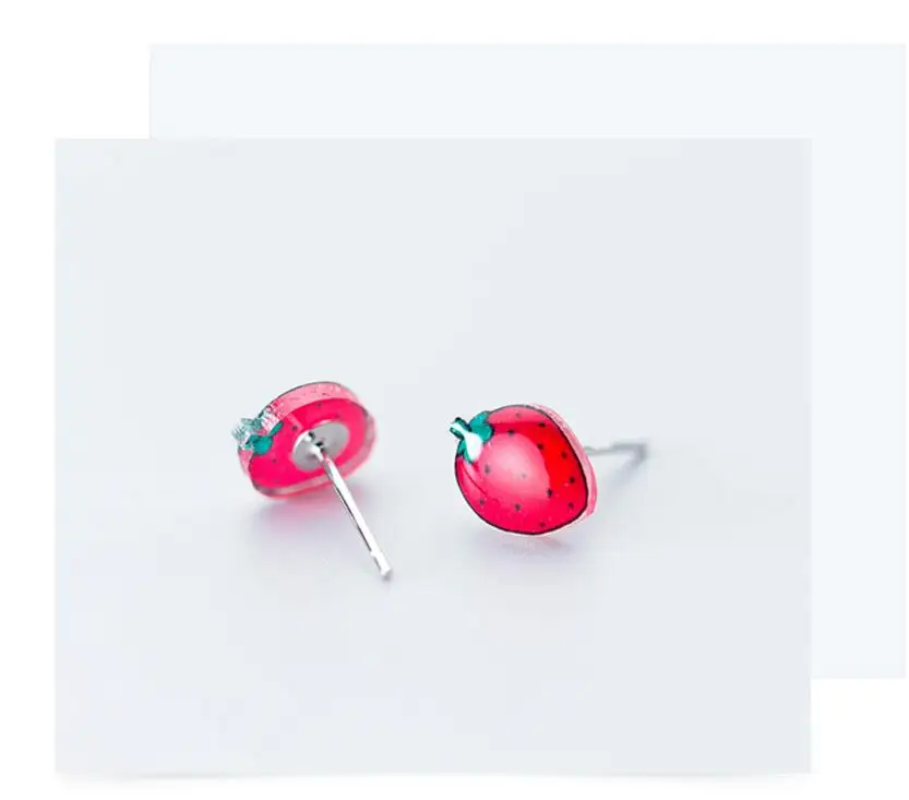 

100% 925 Sterling Silver Cut Cartoon Pink Strawberry Stud Earrings for Women pendientes brincos Drop Shipping eh806
