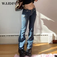 wjjdfc ladies hot sale retro jeans low rise slim hot girly style cute pocket trim buttons streetwear y2k blue low rise jeans