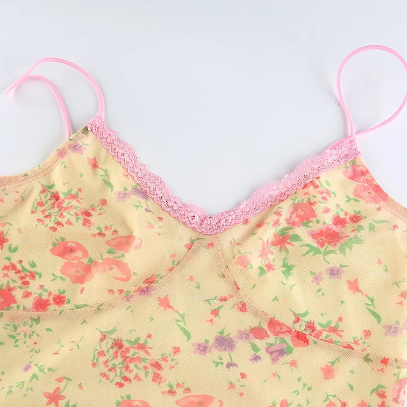 

Women Summer Floral Print Sexy V-neck Camisole Ladies Sweet Lace Splicing V Neck Sleeveless Crop Top Female