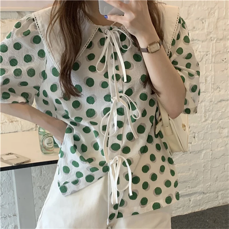 

Alien Kitty New Slim Gentle Polka Dots Chic Shirts 2021 Elegance OL Summer Sweet Hot Sale Retro Blouses Femme All Match Tops