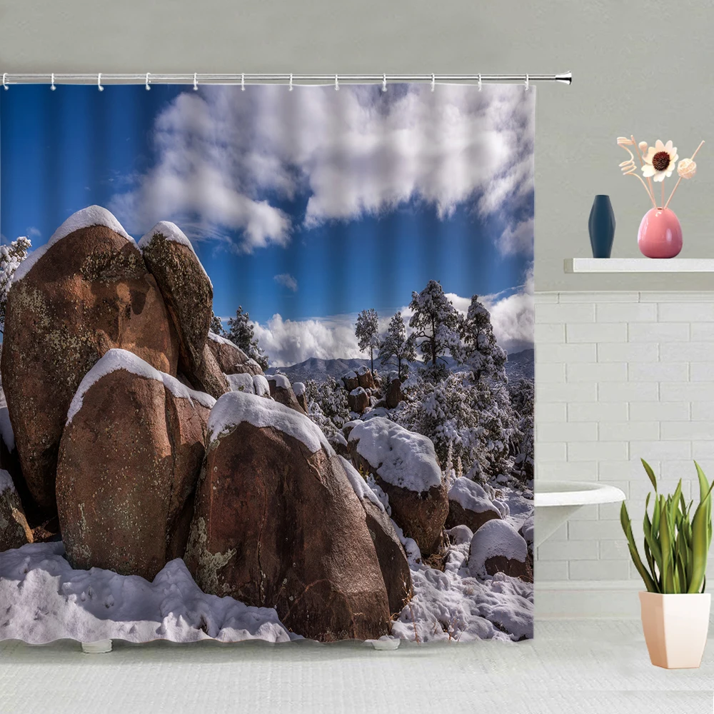 

Natural Scenery Shower Curtain Waterfall Sea Stone Snow Mountain Bathtub Decoration Screen Washable With Hooks Set Home Decor