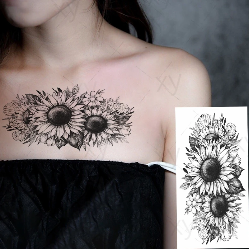 Sunflowers Chrysanthemum Temporary Tattoo Sticker Waterproof Grey Women Girls Hand Arm Shoulder Chest Back Body Art