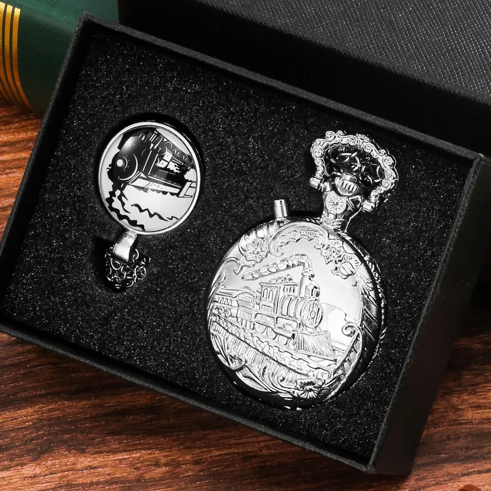 Luxury Luminous Big Pocket Watch Silver Steampunk Train Locomotive Quartz Pocket Watch Necklace Pedent Gifts Set for Men Women