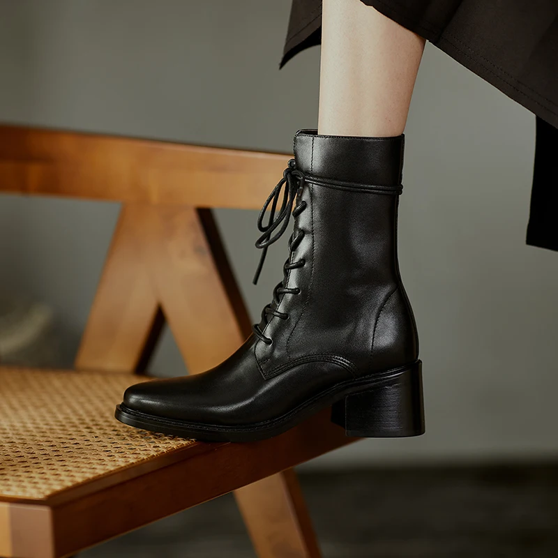 

Prova Perfetto Brand Design Genuine Leather Boots Woman Square-toe Plush In High Heel Black Lace-Up Fashion Ankle Botas Feminina