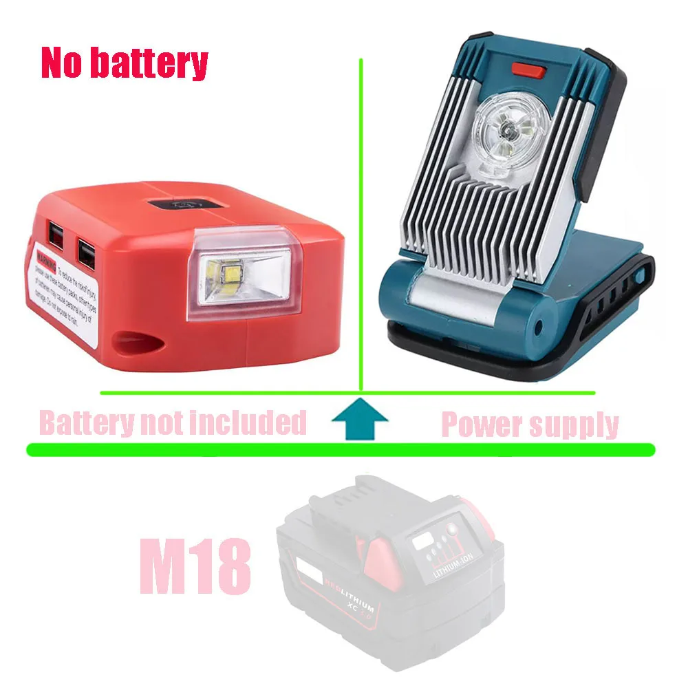 

M18 Li-Ion Батарея адаптер Светодиодный светильник Рабочая лампа USB Мобильный телефон Зарядное устройство AC/DC 12V для Милуоки 18V M18 литий Батарея М...