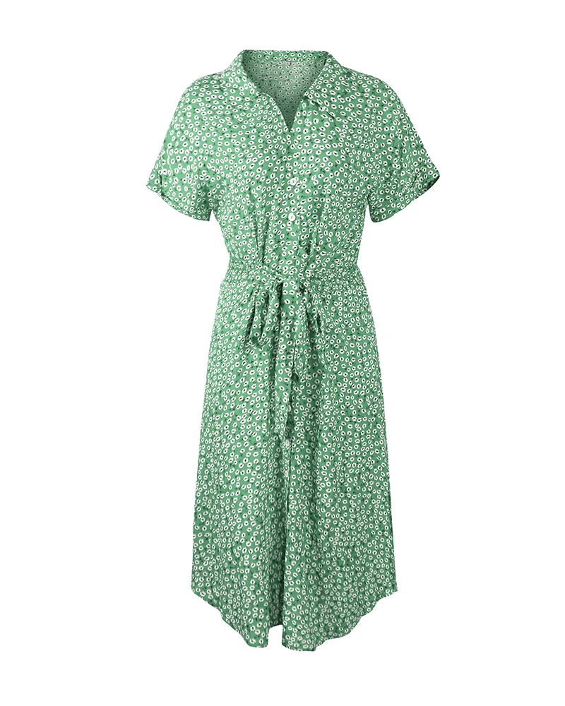 

Summer Floral Dress Women Casual Print Dress V-Neck Midi Dresses Female Short Sleeve Button Loosed Dress Holiday Beach Vestidos