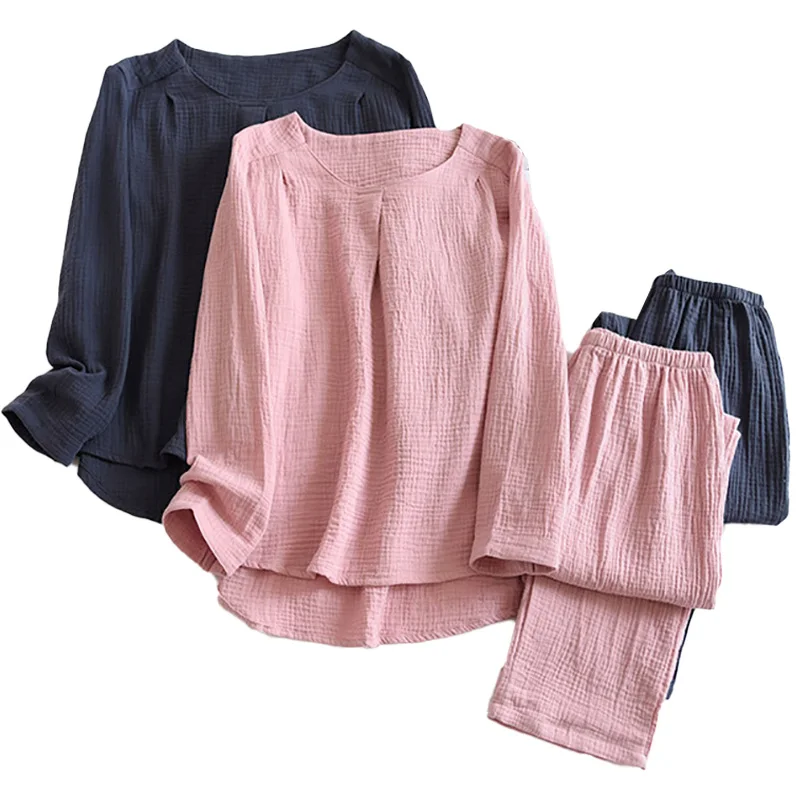 

Simple Style Women Round Collar Full Sleeve Solid Color Pajamas Set Comfort Gauze Cotton Household Sleepwear For Spring Autumn