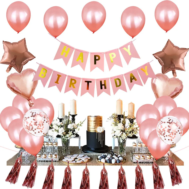 

Birthday balloon set rose gold theme happy birthday pull flag sequined balloon rose gold tassel 12 inch star heart balloon