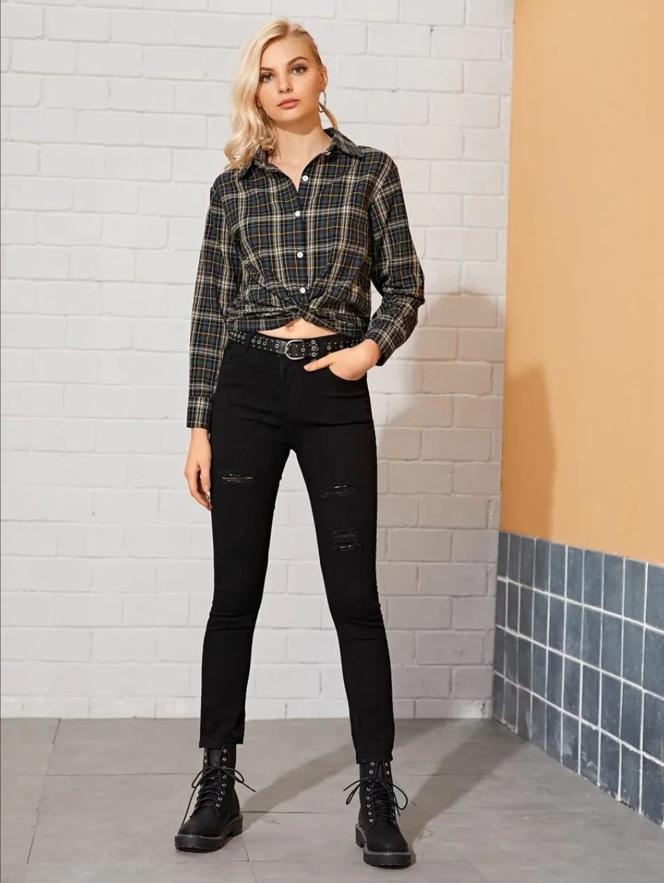 

Linglewei New Spring and Summer Women's Shirt Lapel Trellis Kink buckle Long sleeves shirt