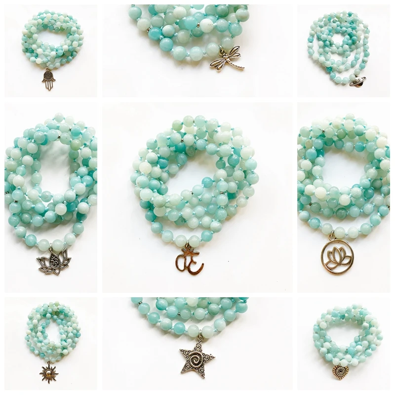 

Natural Blue Amazonite Stone Bracelet 108 Prayer Beads Tibetan Silver Mala Necklace Knotted Stones 6mm Fatima Hand Om Charms