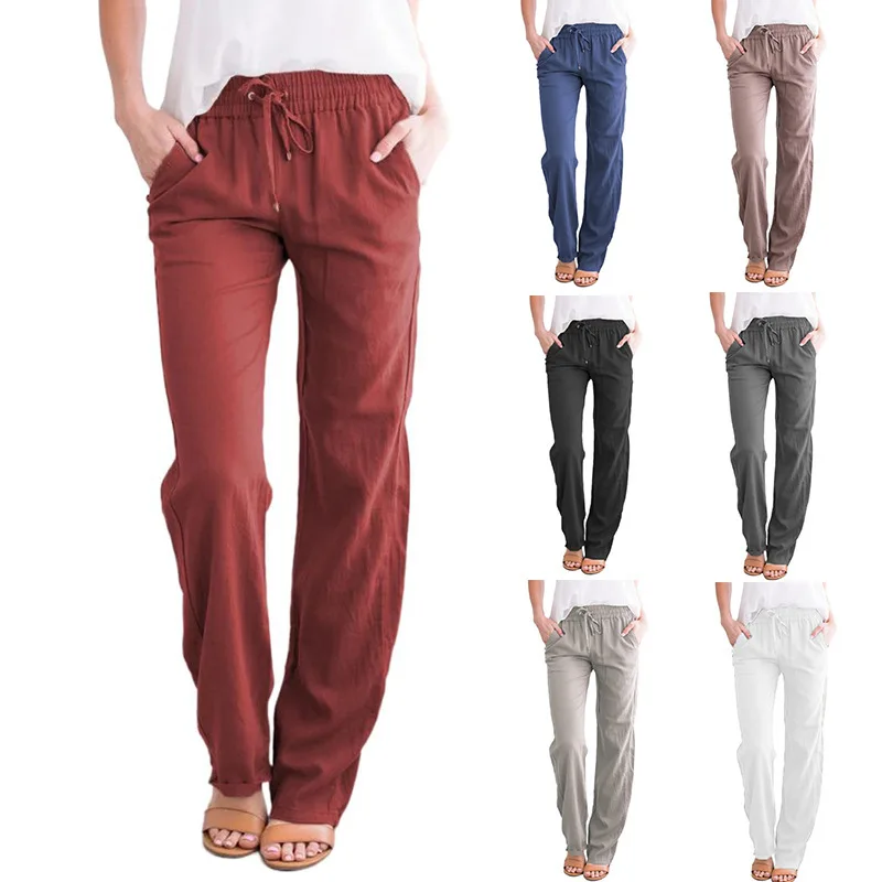 Women's New Products Pure Color Cotton and Hemp Drawstring Loose Casual Wide Leg Pants  Pantalones De Mujer