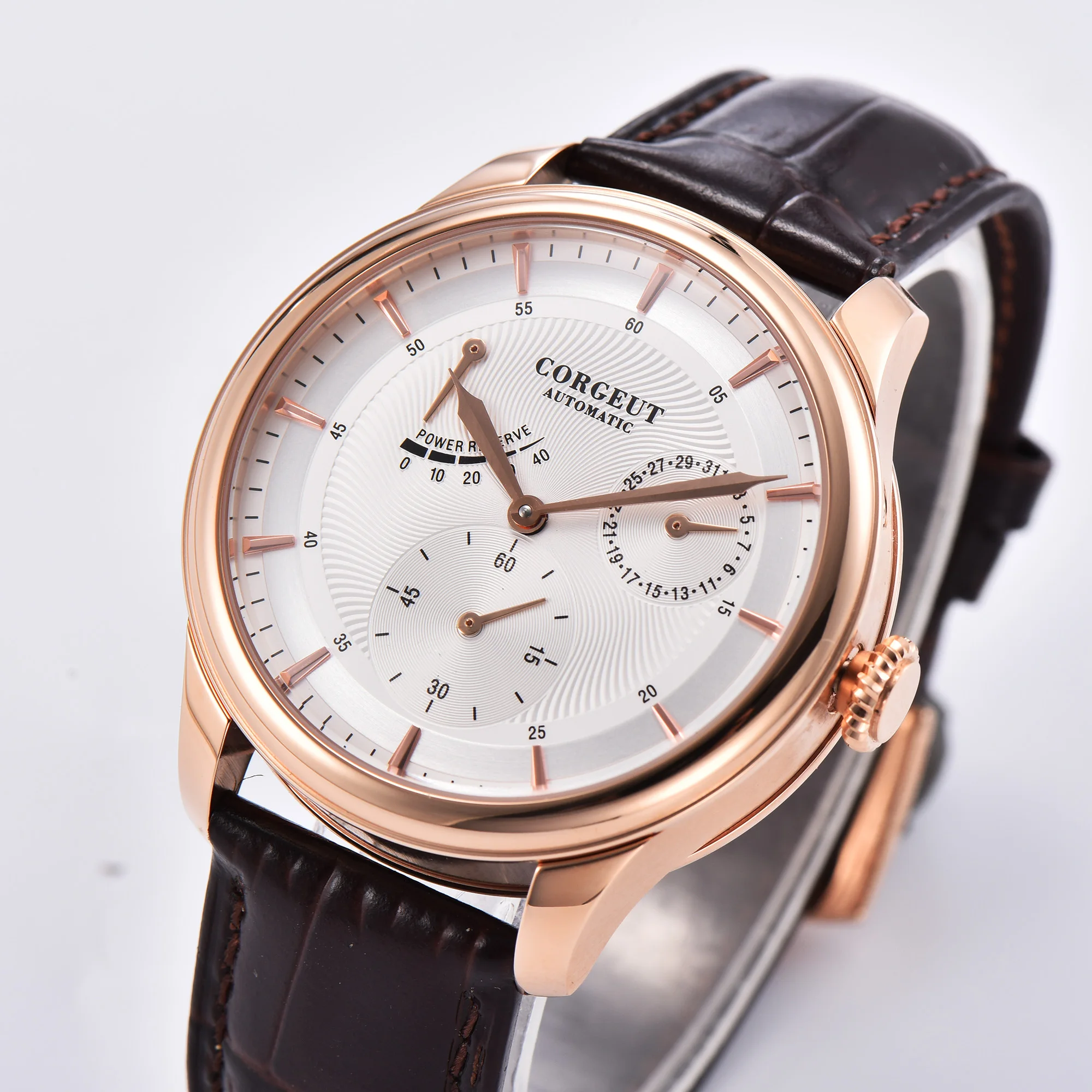 Corgeut Mens Watch Power Reserve Rosegolad Case White 40mm Luxury Top Brand Leather Seagull Automatic Clock Wristwatches Mens