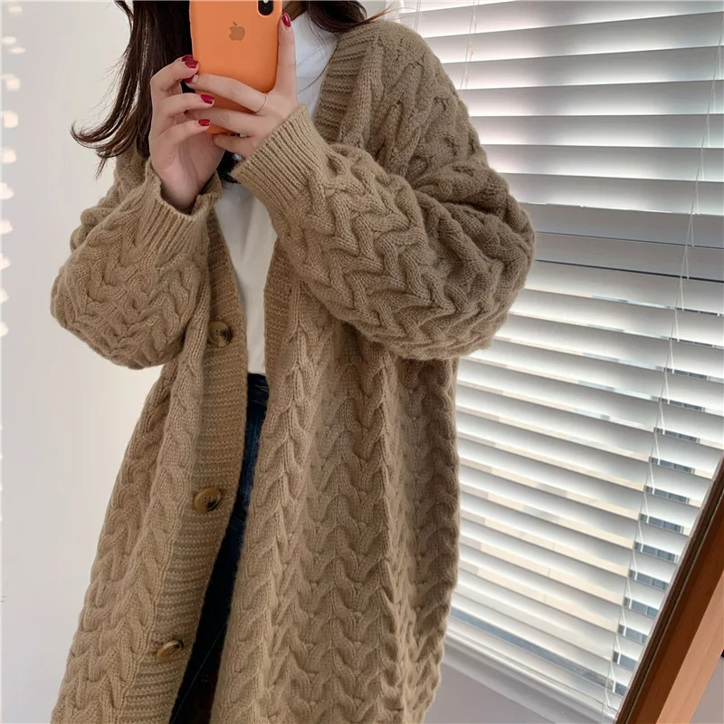 Женский Длинный свитер на осень и зиму кардиган утепленная куртка толстый