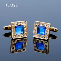 cufflinks for men tomye xk21s015 high quality luxury blue crystal square gold formal business dress shirt cuff links for gifts