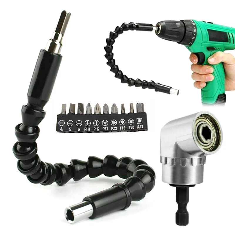 

105 Right Angle Drill Extension Bit Holder&295mm Flexible Shaft&10PCS Bit Set